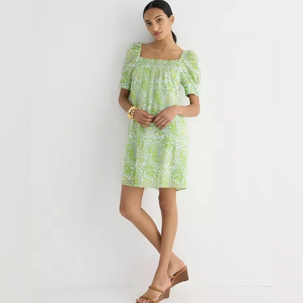 SZ Blockprints ™ X  J. Crew squareneck puff-sleeve mini dress in citrus paisley.